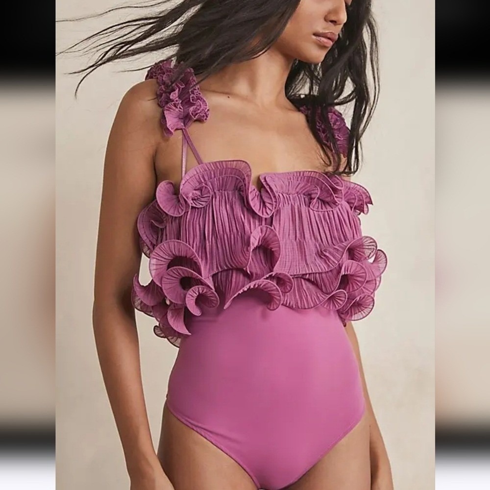 Free People NEW Dreamy Mulberry For the Frill of It Bodysuit Ruffle Top SZ XS